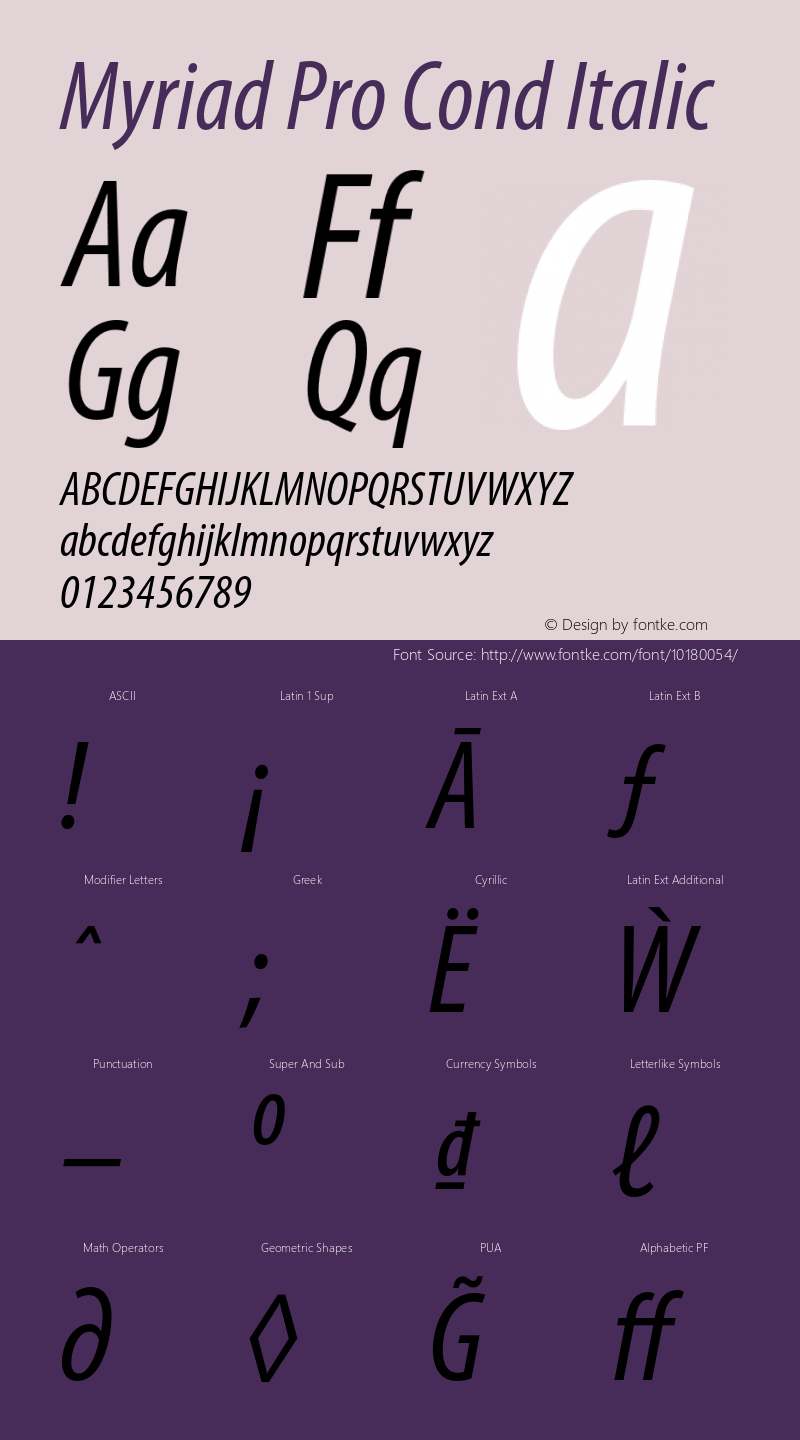 Myriad Pro Cond Italic Version 2.007;PS 002.000;Core 1.0.38;makeotf.lib1.7.9032 Font Sample