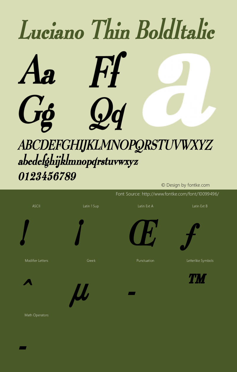 Luciano Thin BoldItalic Altsys Fontographer 4.1 1/8/95 Font Sample