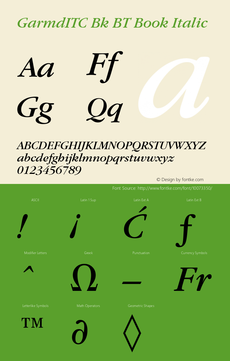 GarmdITC Bk BT Book Italic mfgpctt-v4.4 Dec 7 1998 Font Sample