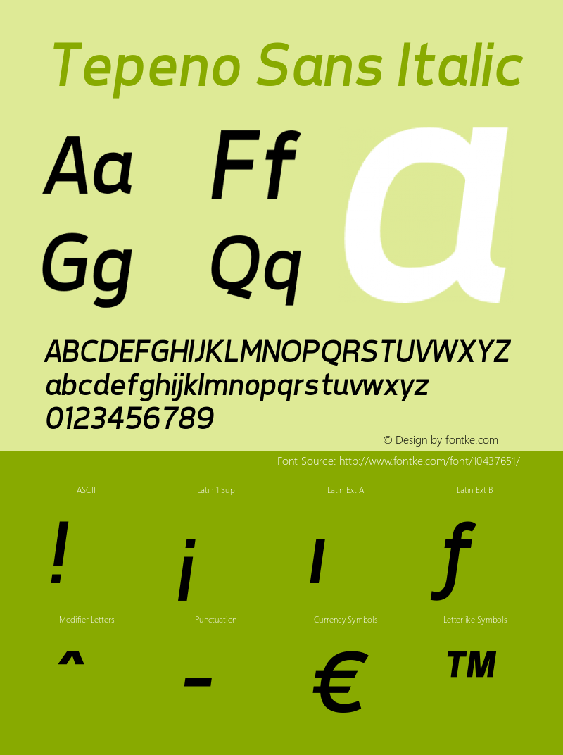 Tepeno Sans Italic v1.15 - 6/2/2012 Font Sample