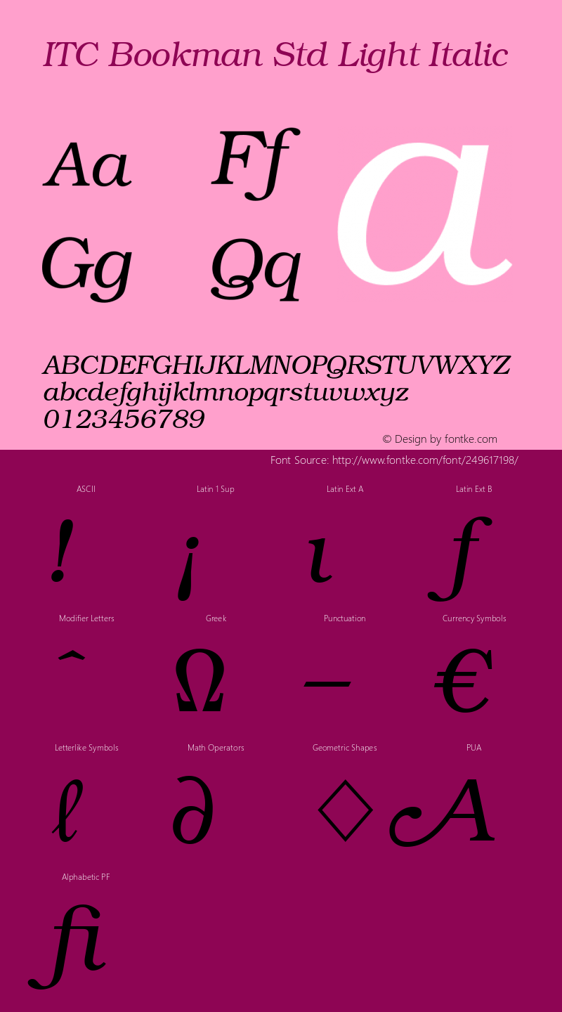 ITC Bookman Std Light Italic Version 1.00 Build 1000图片样张