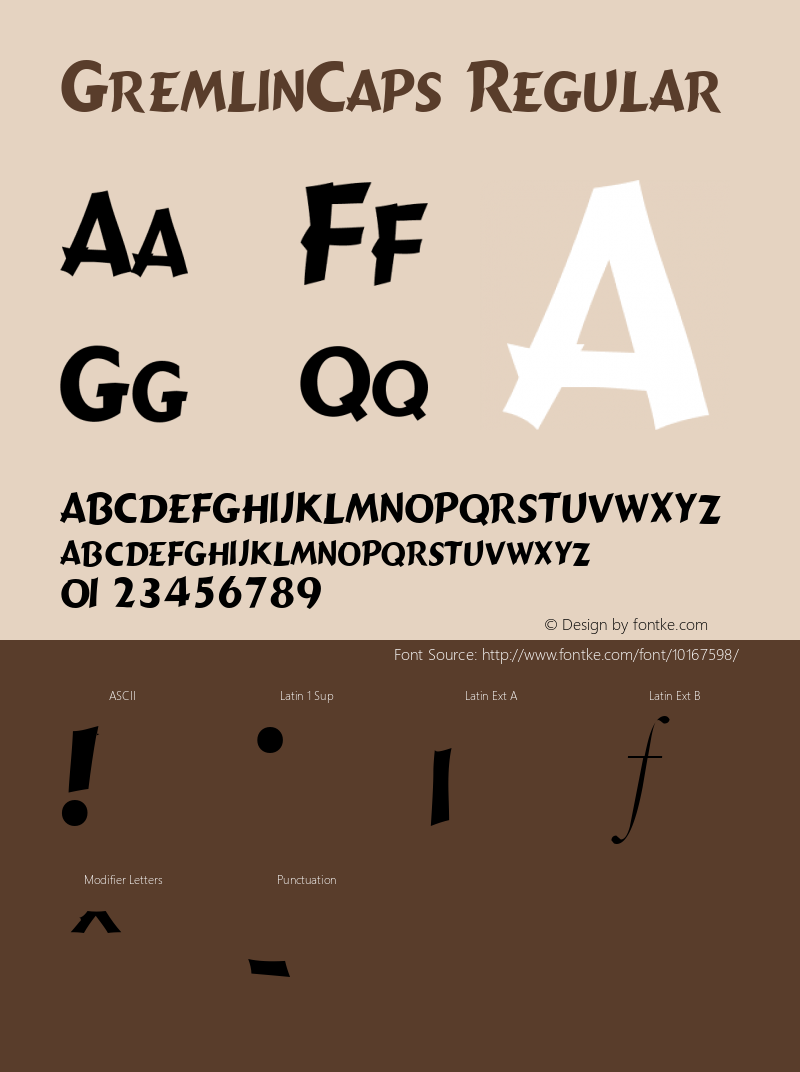 GremlinCaps Regular The IMSI MasterFonts Collection, tm 1995, 1996 IMSI (International Microcomputer Software Inc.) Font Sample