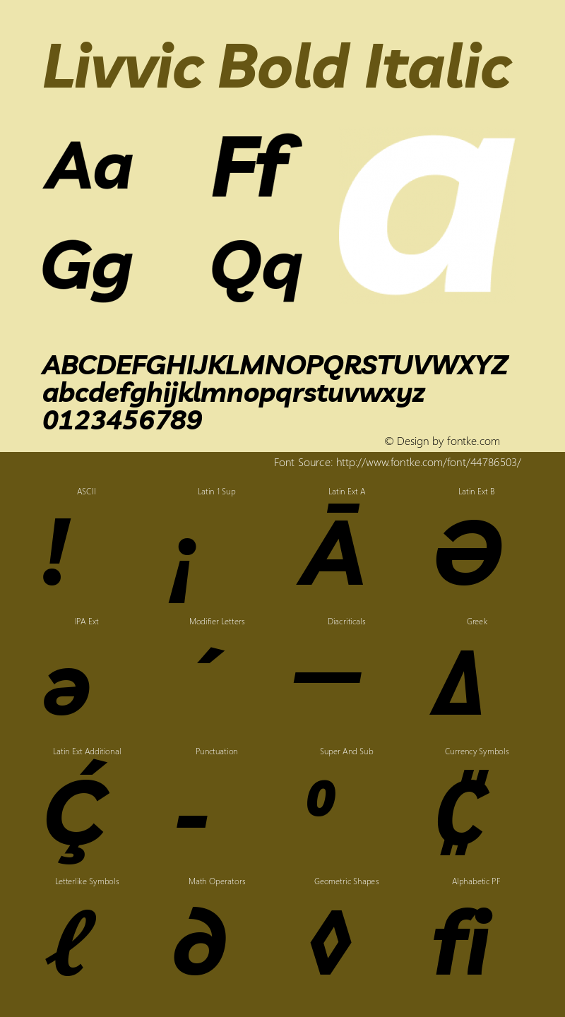 Livvic Bold Italic Version 1.001; ttfautohint (v1.8.2) Font Sample