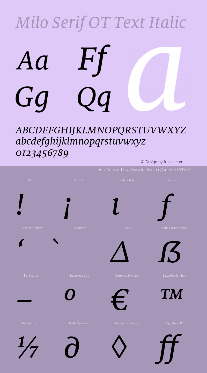Milo Serif OT Text Italic Version 7.600, build 1028, FoPs, FL 5.04图片样张