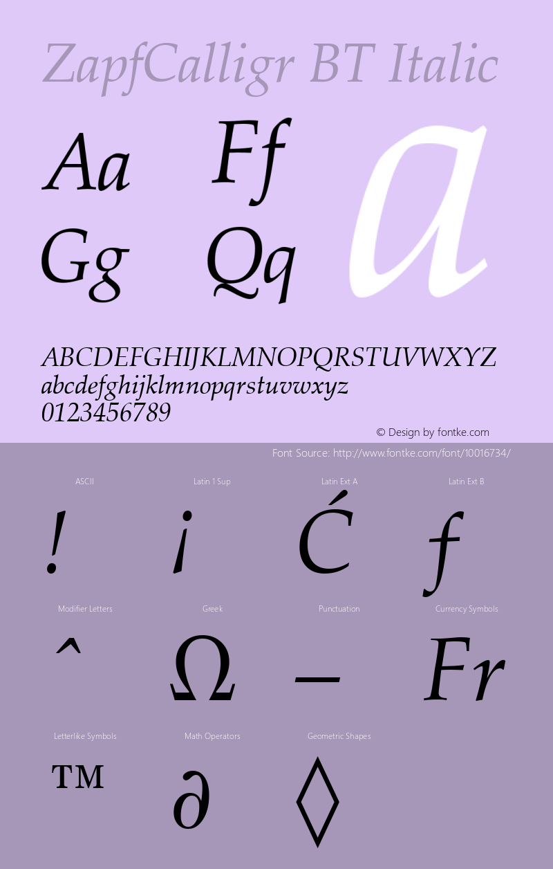 ZapfCalligr BT Italic mfgpctt-v4.4 Dec 14 1998 Font Sample