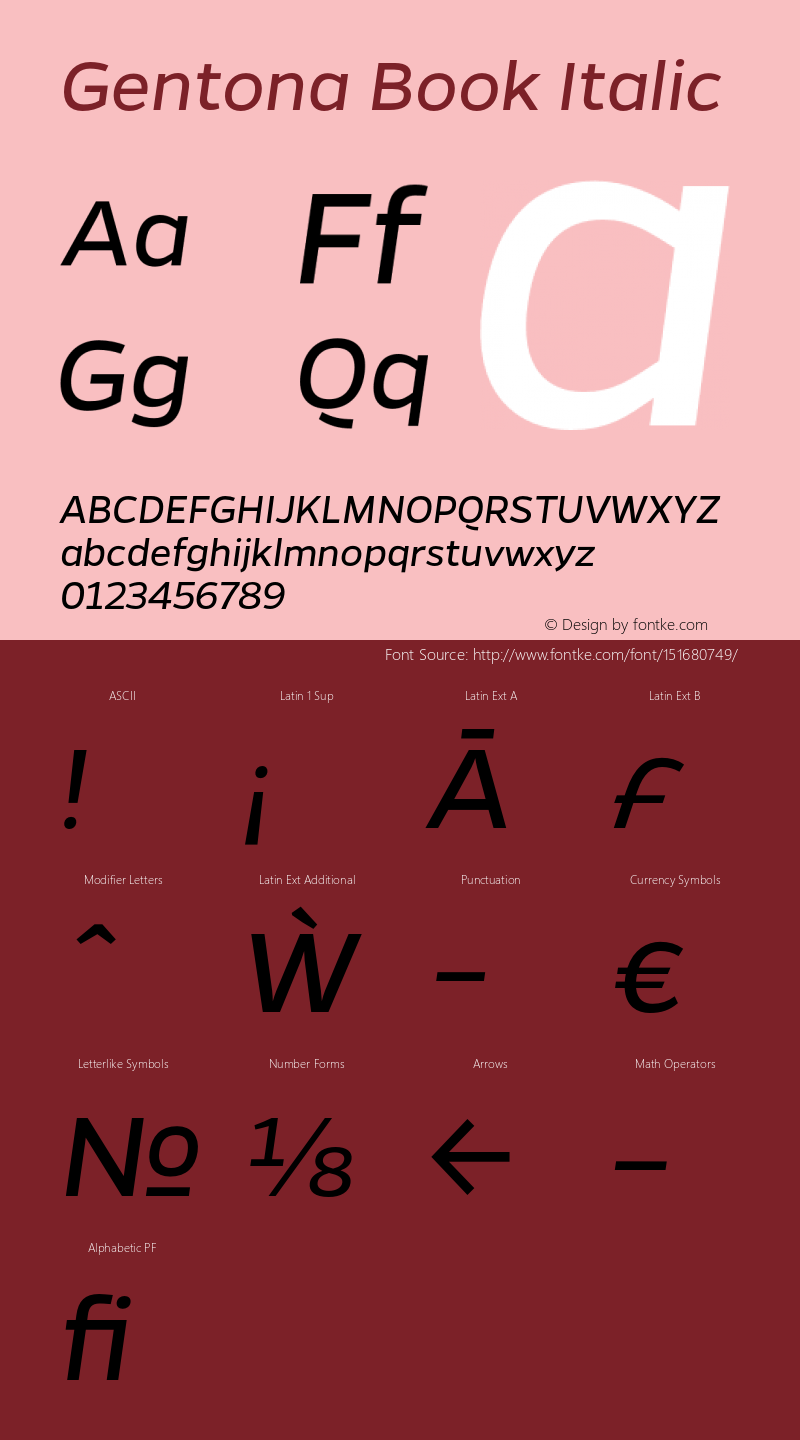 Gentona Book Italic Version 1.001;PS 001.001;hotconv 1.0.70;makeotf.lib2.5.58329 Font Sample