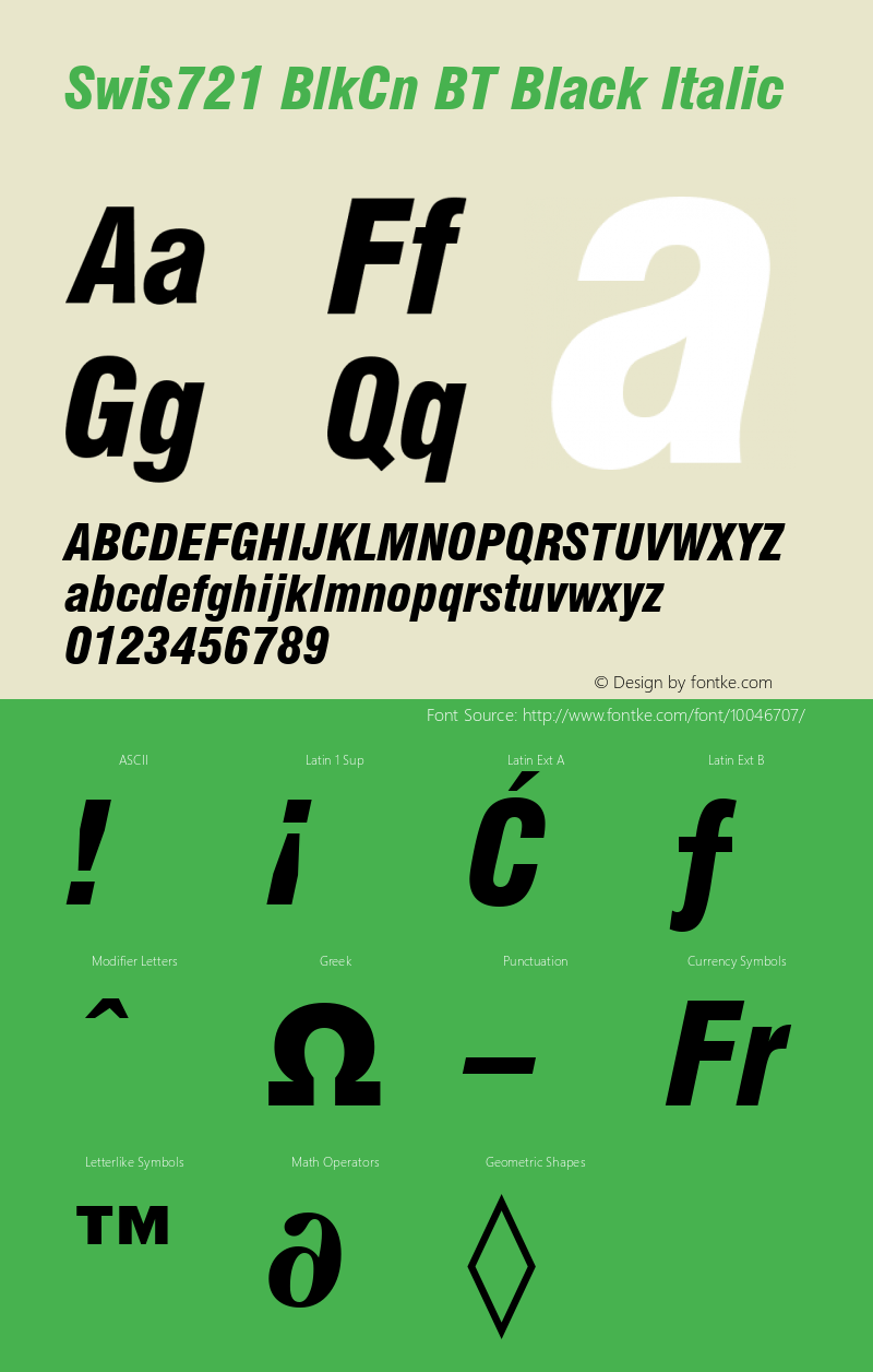 Swis721 BlkCn BT Black Italic mfgpctt-v1.50 Thursday, December 31, 1992 10:56:29 am (EST) Font Sample