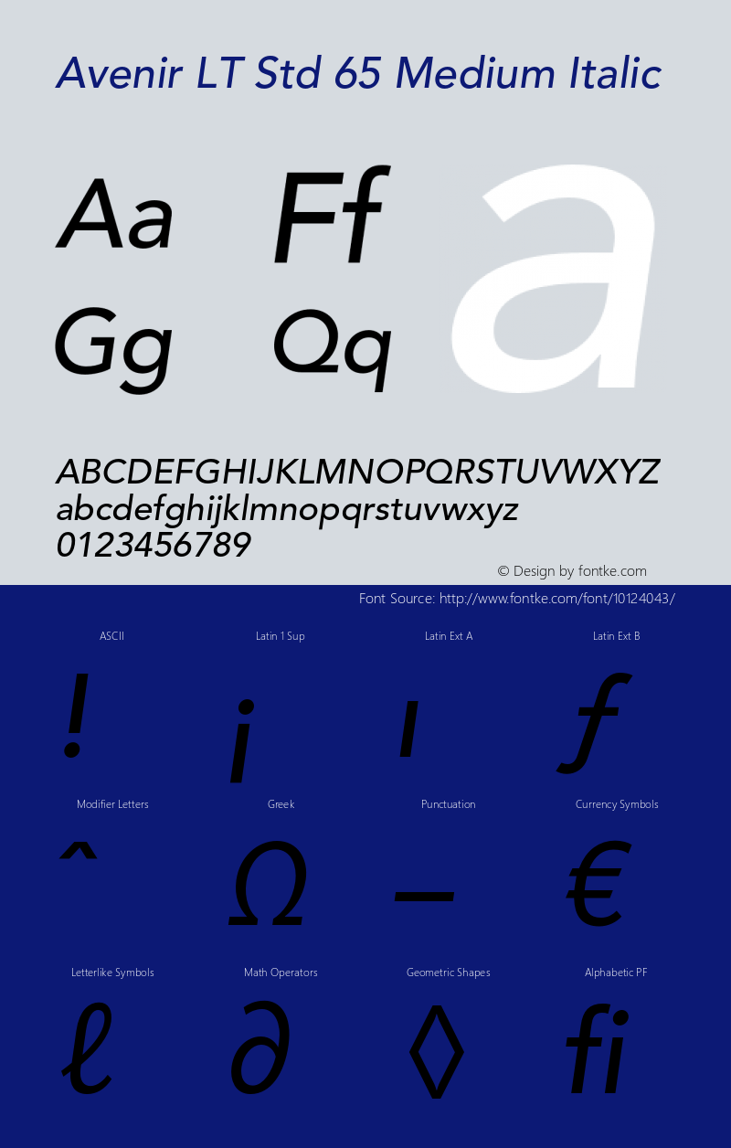 Avenir LT Std 65 Medium Italic OTF 1.029;PS 001.001;Core 1.0.33;makeotf.lib1.4.1585 Font Sample