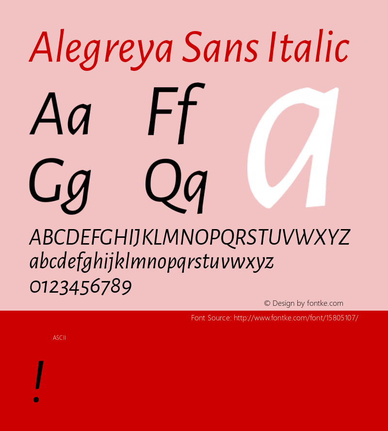 Alegreya Sans Italic Version 1.000;PS 001.000;hotconv 1.0.70;makeotf.lib2.5.58329 DEVELOPMENT; ttfautohint (v1.4.1) Font Sample