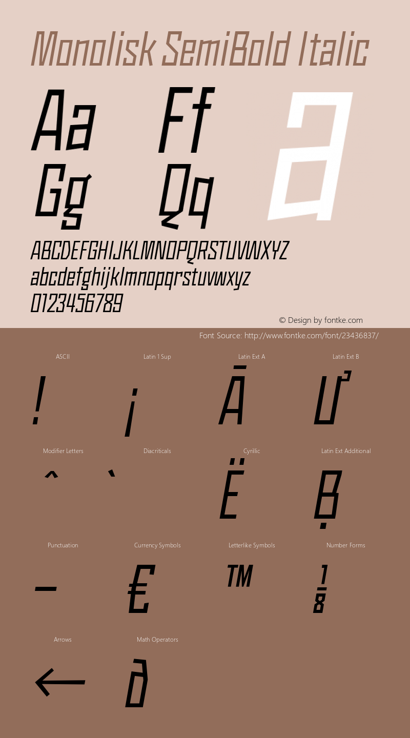 Monolisk SemiBold Italic Version 1.560;PS 001.560;hotconv 1.0.88;makeotf.lib2.5.64775 Font Sample