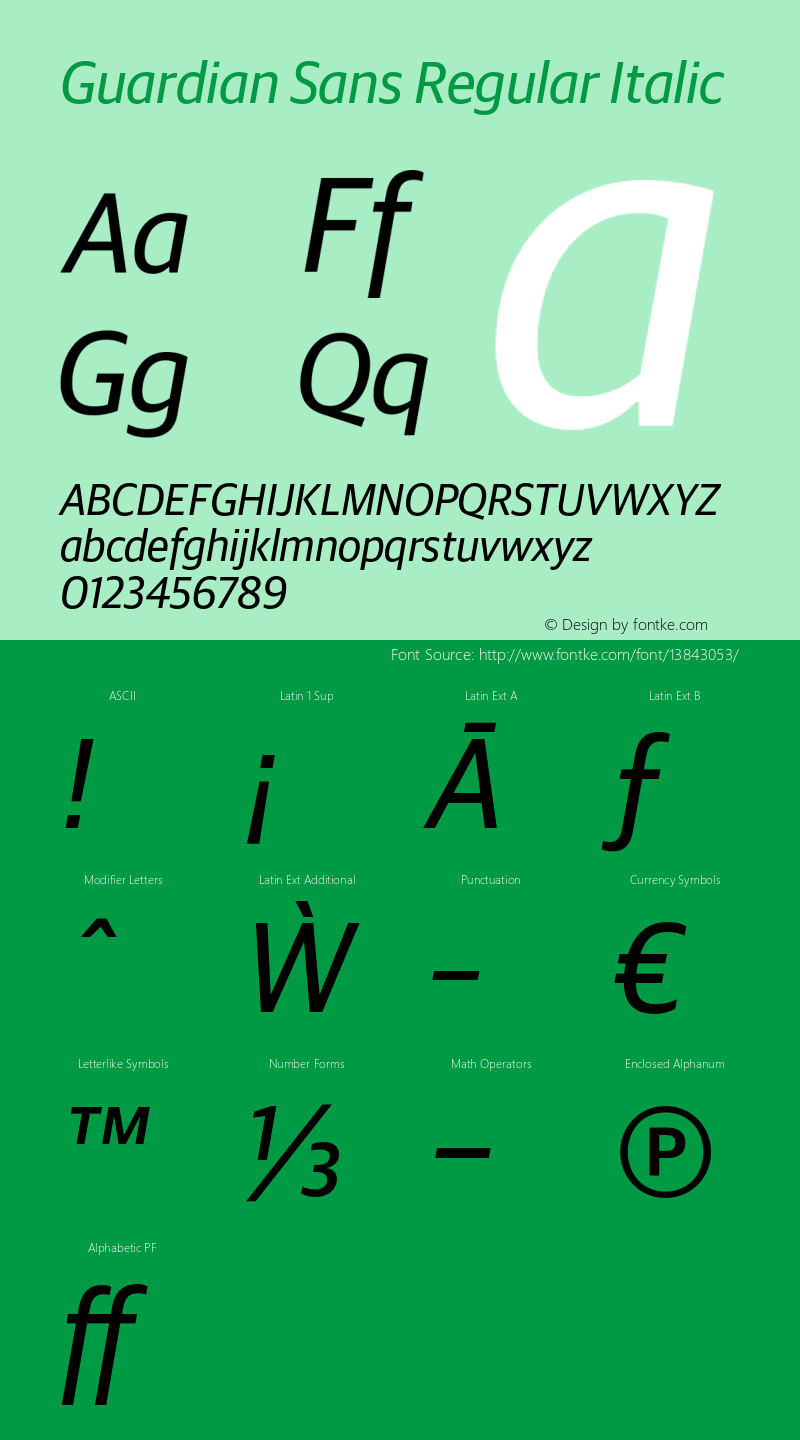 Guardian Sans Regular Italic Version 1.002;PS 001.002;hotconv 1.0.57;makeotf.lib2.0.21895 Font Sample