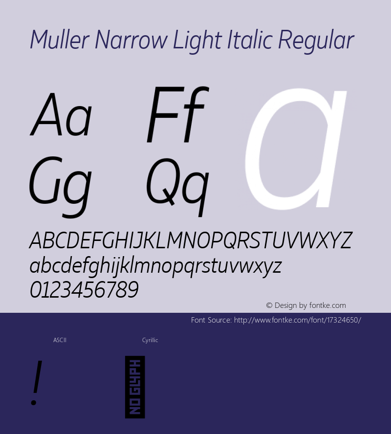 Muller Narrow Light Italic Regular Version 1.000;PS 001.000;hotconv 1.0.88;makeotf.lib2.5.64775; ttfautohint (v1.4.1) Font Sample