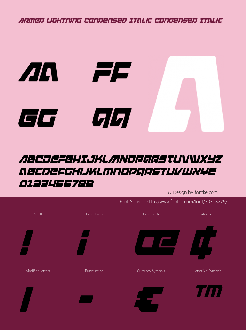 Armed Lightning Condensed Italic Version 1.1; 2019 Font Sample