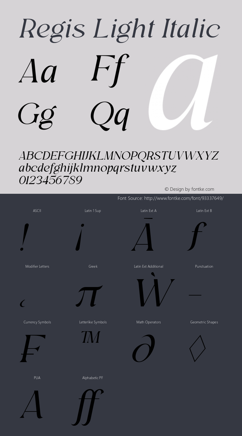 Regis Light Italic Version 1.000 Font Sample