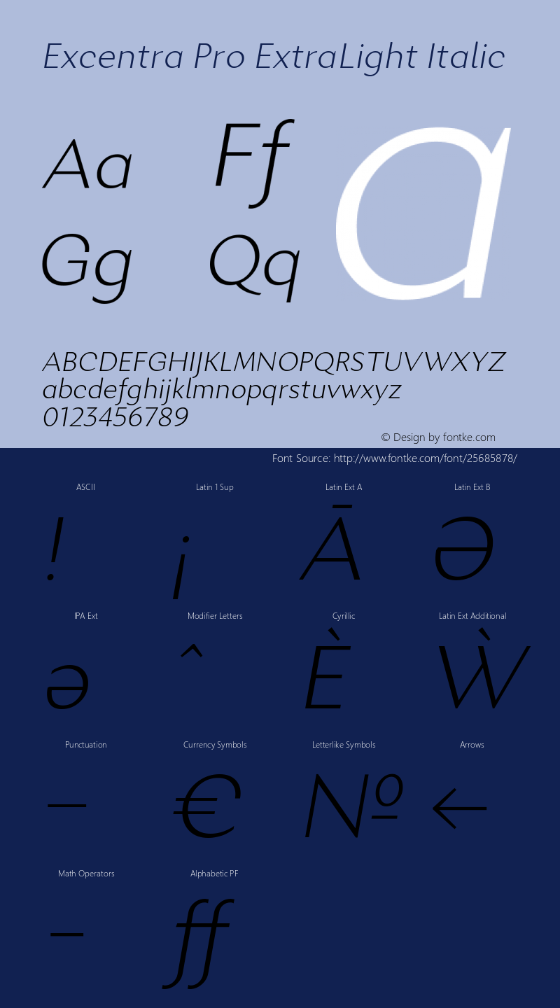 Excentra Pro ExtraLight Italic Version 001.000 Font Sample