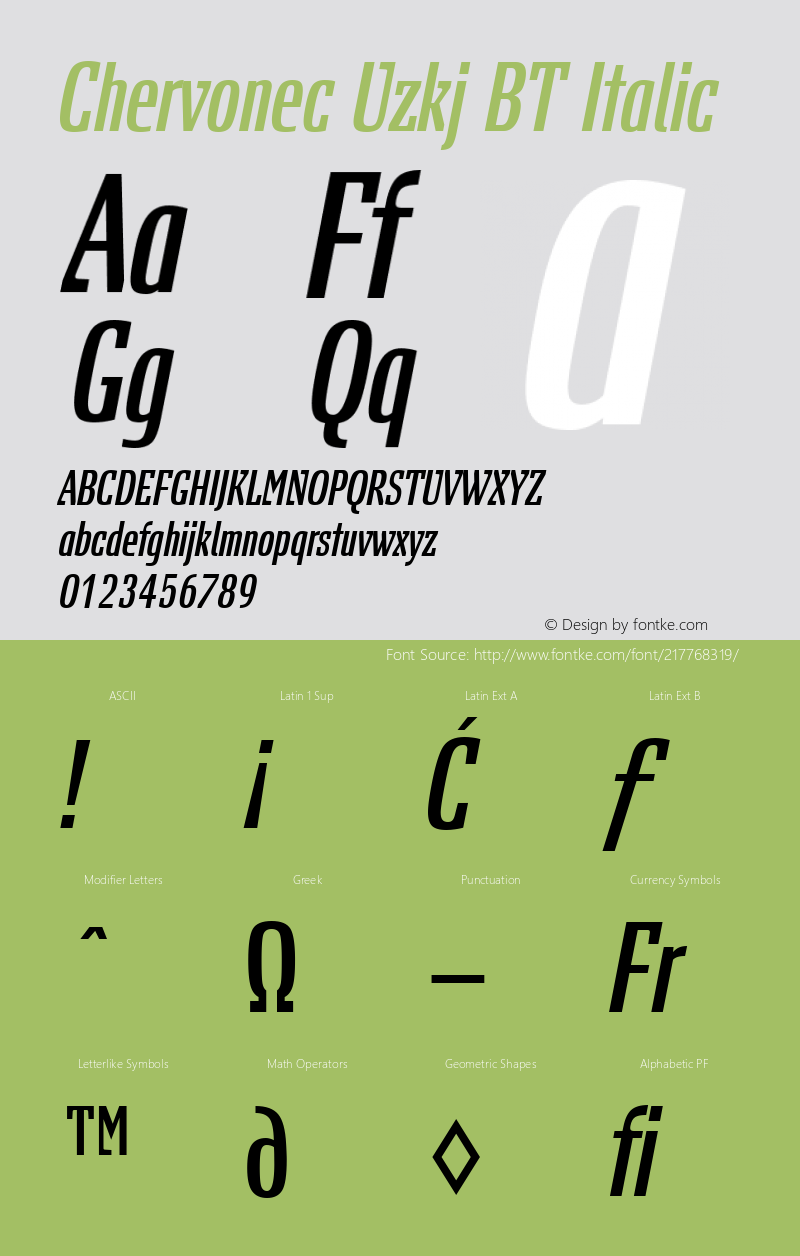 Chervonec Uzkj BT Italic Version 1.01 emb4-OT图片样张