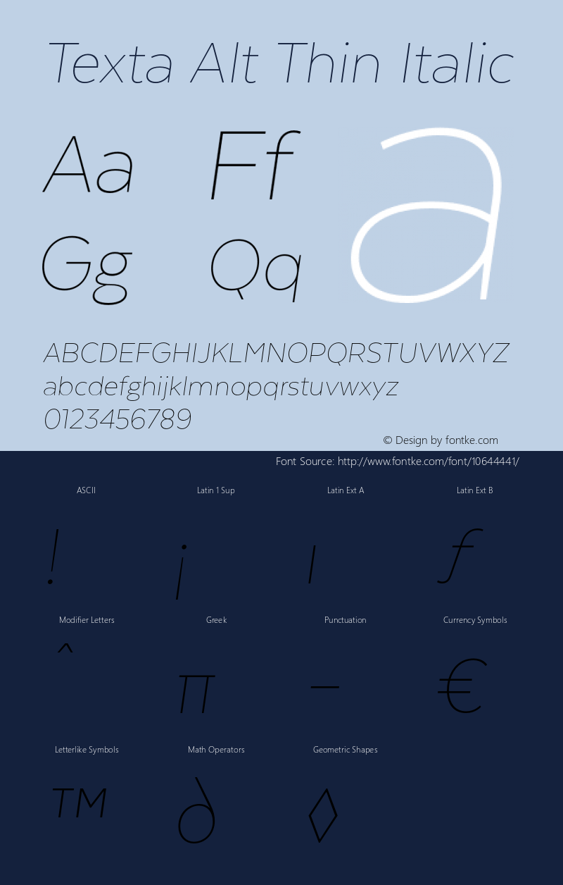 Texta Alt Thin Italic Version 1.005 Font Sample