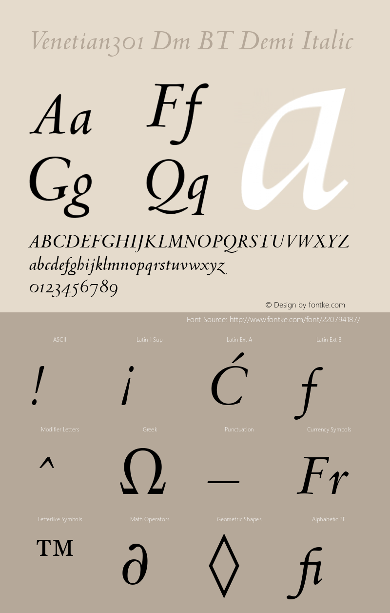 Venetian301 Dm BT Demi Italic Version 1.01 emb4-OT图片样张