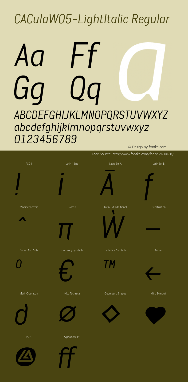 CA Cula W05 Light Italic Version 1.70 Font Sample
