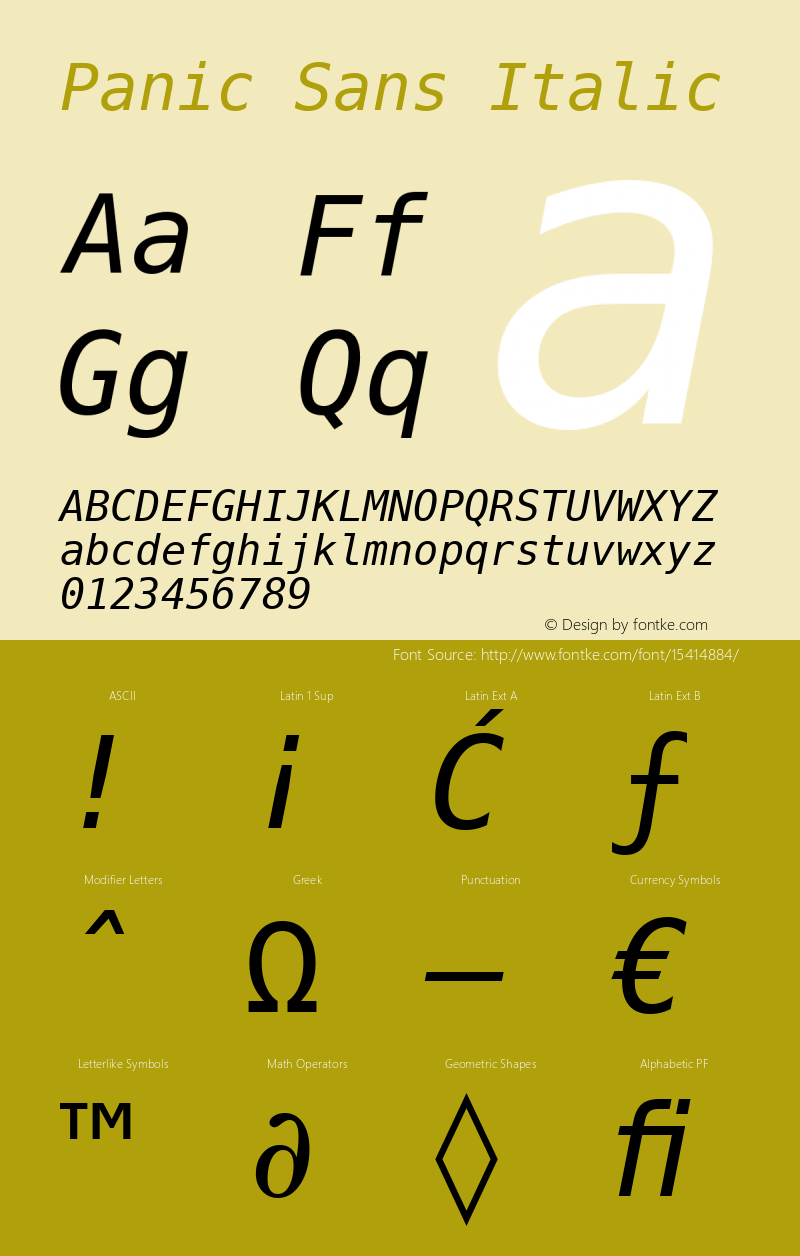 Panic Sans Italic Version 1.000 Font Sample