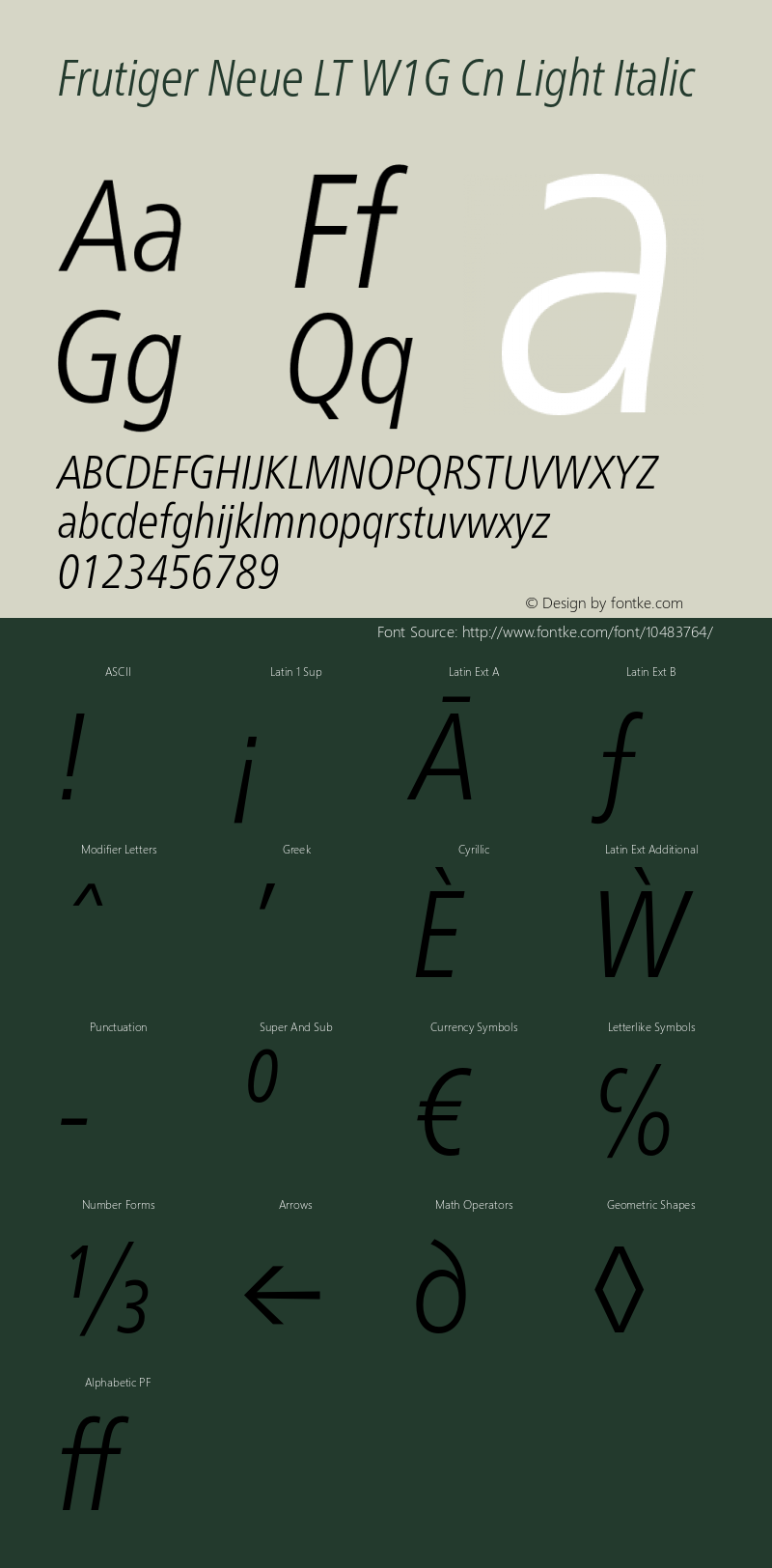 Frutiger Neue LT W1G Cn Light Italic Version 1.00 Font Sample