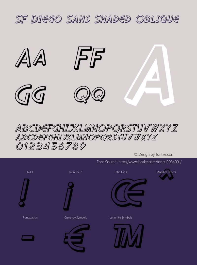 SF Diego Sans Shaded Oblique ver 1.0; 2001. Freeware. Font Sample