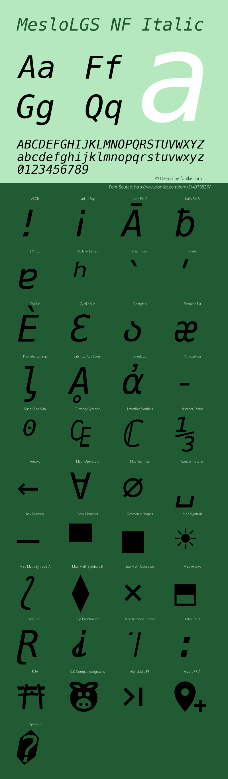 Meslo LG S Italic Nerd Font Complete Windows Compatible Version 1.210;Nerd Fonts 2.1.0图片样张
