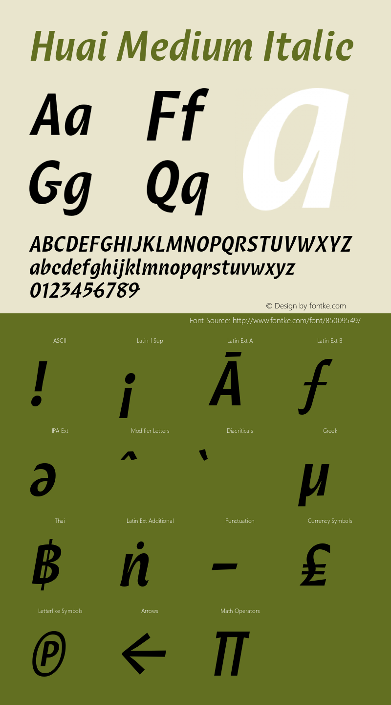 Huai Medium Italic Version 1.000;hotconv 1.0.109;makeotfexe 2.5.65596 Font Sample