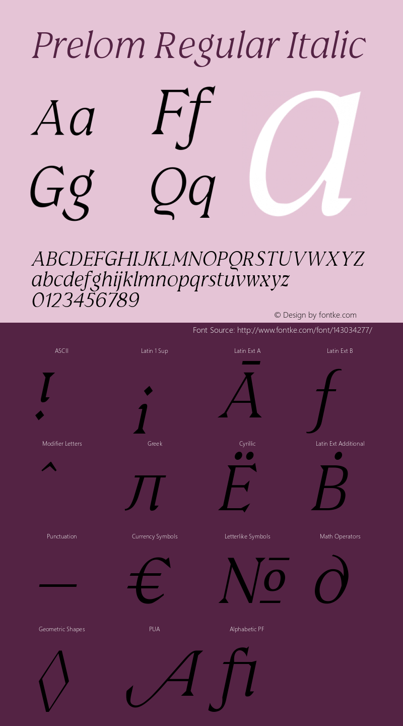 PrelomRegularItalic Version 1.000 Font Sample