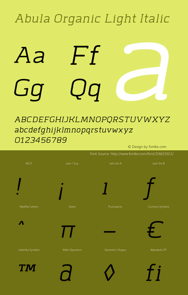 AbulaOrganic-LightItalic Version 1.000 Font Sample