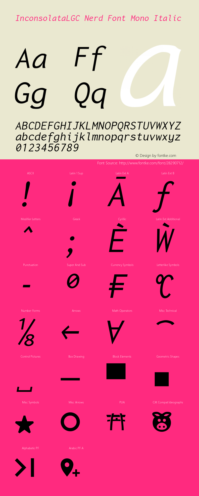 Inconsolata LGC Italic Nerd Font Complete Mono Version 1.3;Nerd Fonts 2.0.0 Font Sample