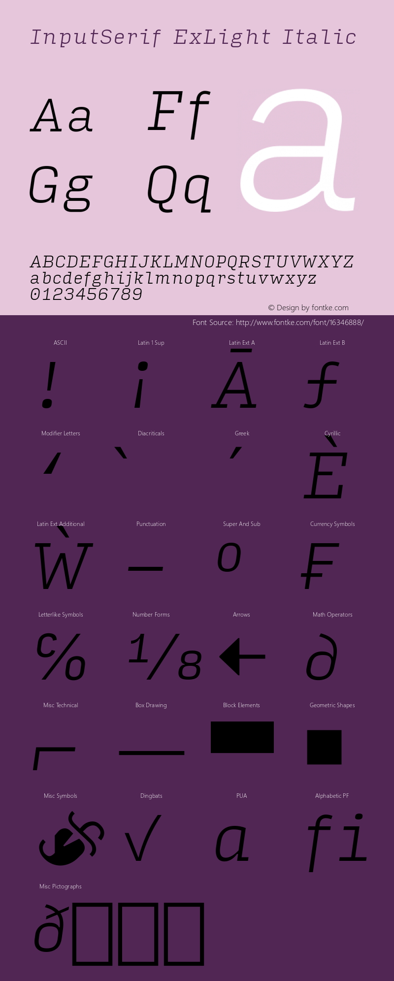 InputSerif ExLight Italic Version 0.000;PS 0.0;hotconv 1.0.72;makeotf.lib2.5.5900; ttfautohint (v0.9) Font Sample