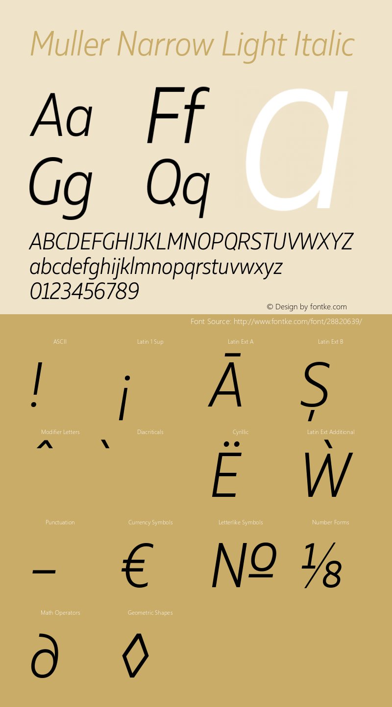 Muller Narrow Light Italic Version 1.000 Font Sample