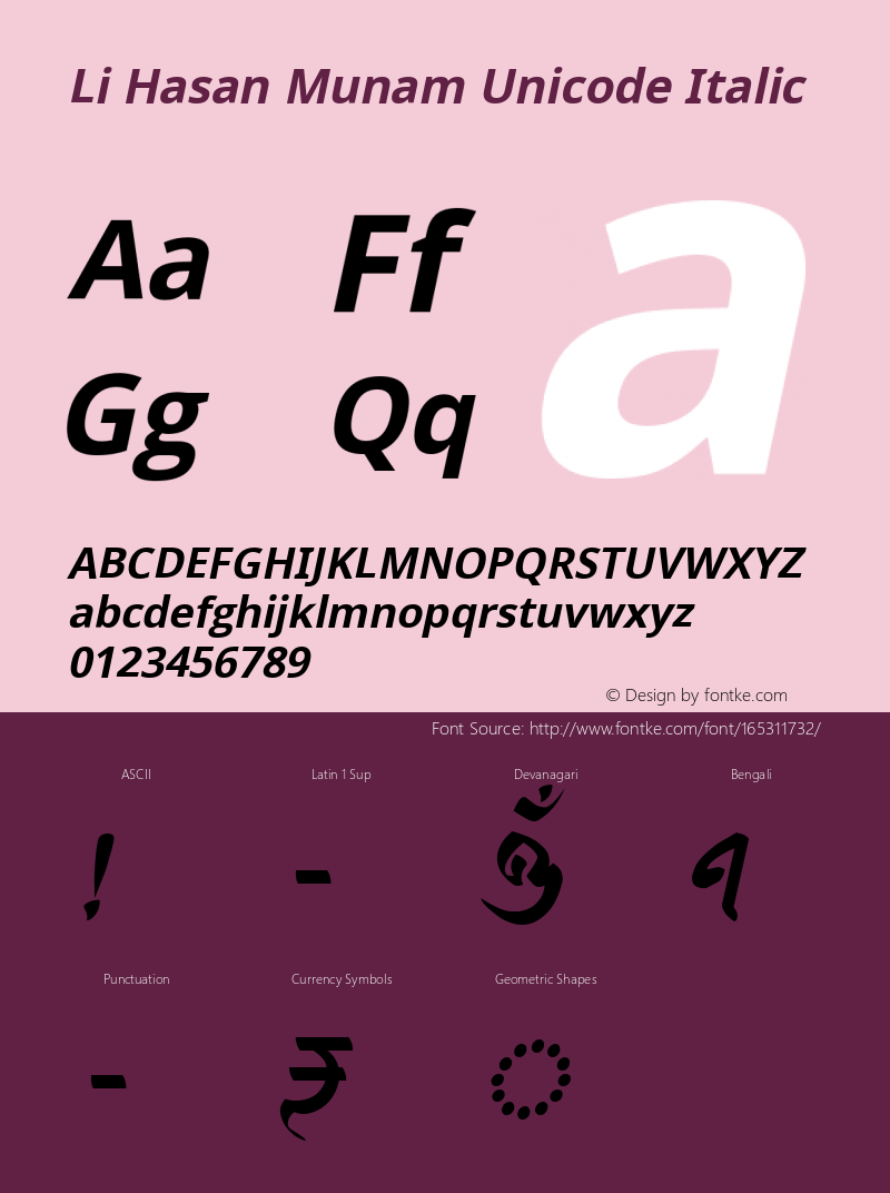 Li Hasan Munam Unicode Italic 1.00 | Designed by Kazi Hasanul Banna & Developed by Niladri Shekhar Bala Font Sample