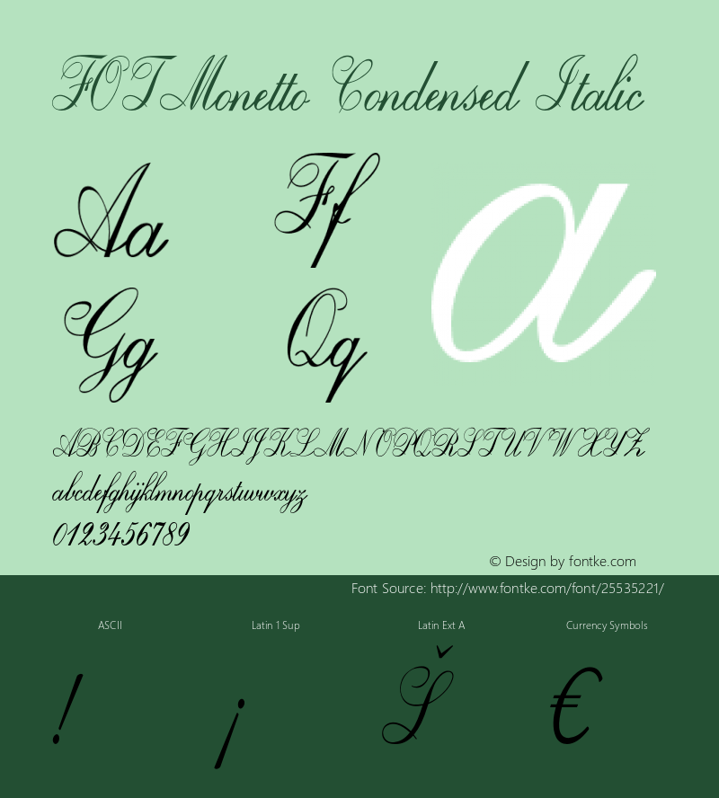 FOTMonetto-CondensedItalic Version 1.000 Font Sample