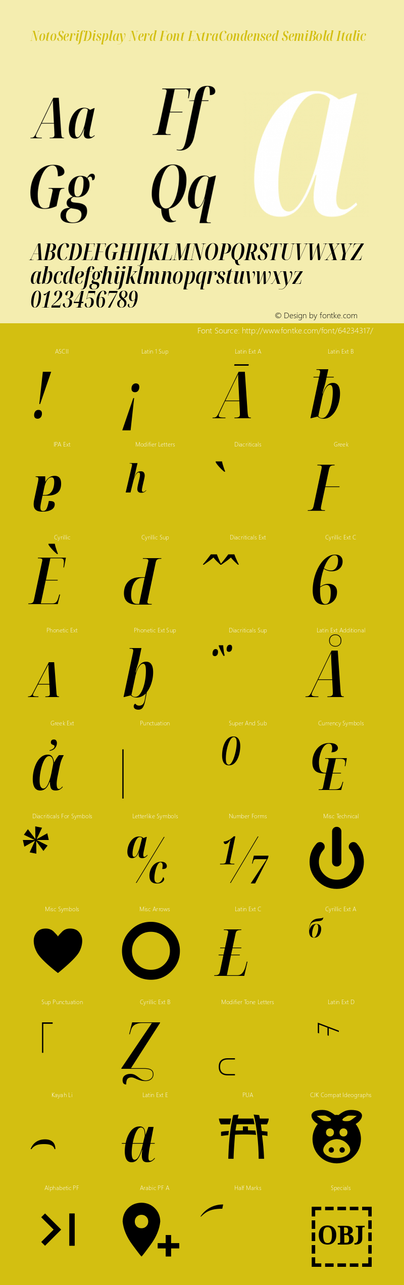 Noto Serif Display ExtraCondensed SemiBold Italic Nerd Font Complete Version 2.000;GOOG;noto-source:20170915:90ef993387c0; ttfautohint (v1.7) Font Sample