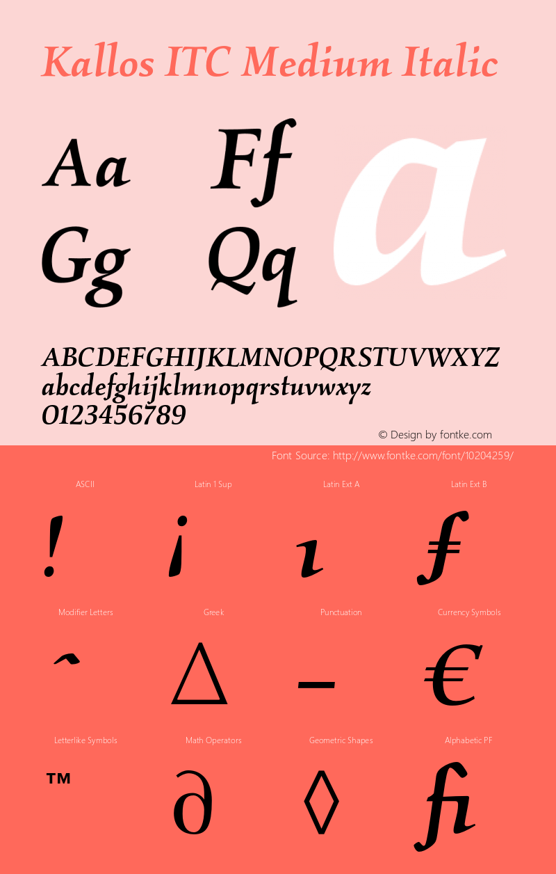 Kallos ITC Medium Italic 005.000 Font Sample