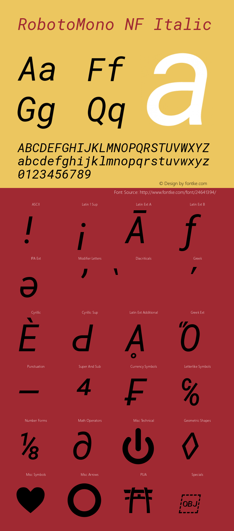 Roboto Mono Italic Nerd Font Complete Windows Compatible Version 2.000986; 2015; ttfautohint (v1.3) Font Sample