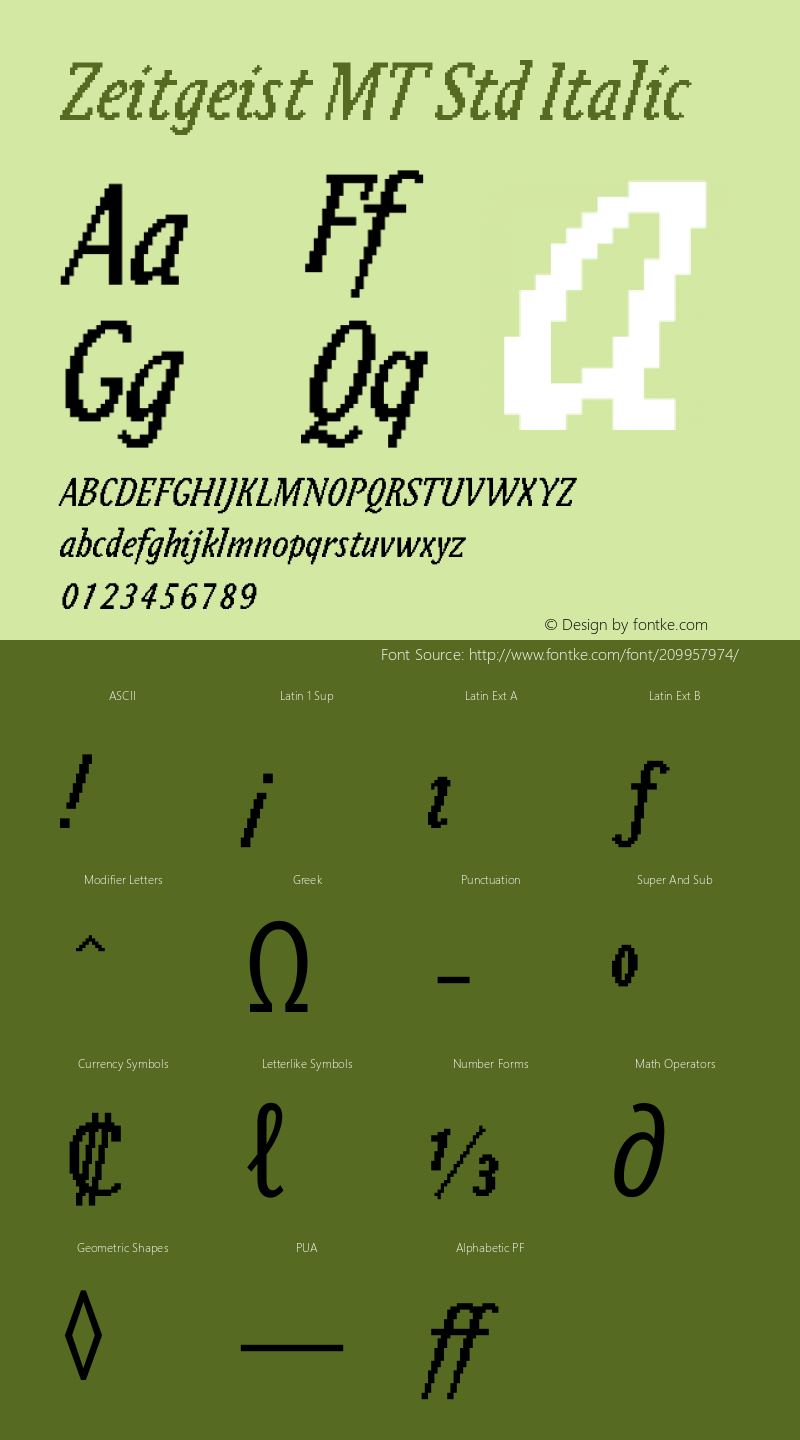 Zeitgeist MT Std Italic Version 2.00 Build 1000图片样张