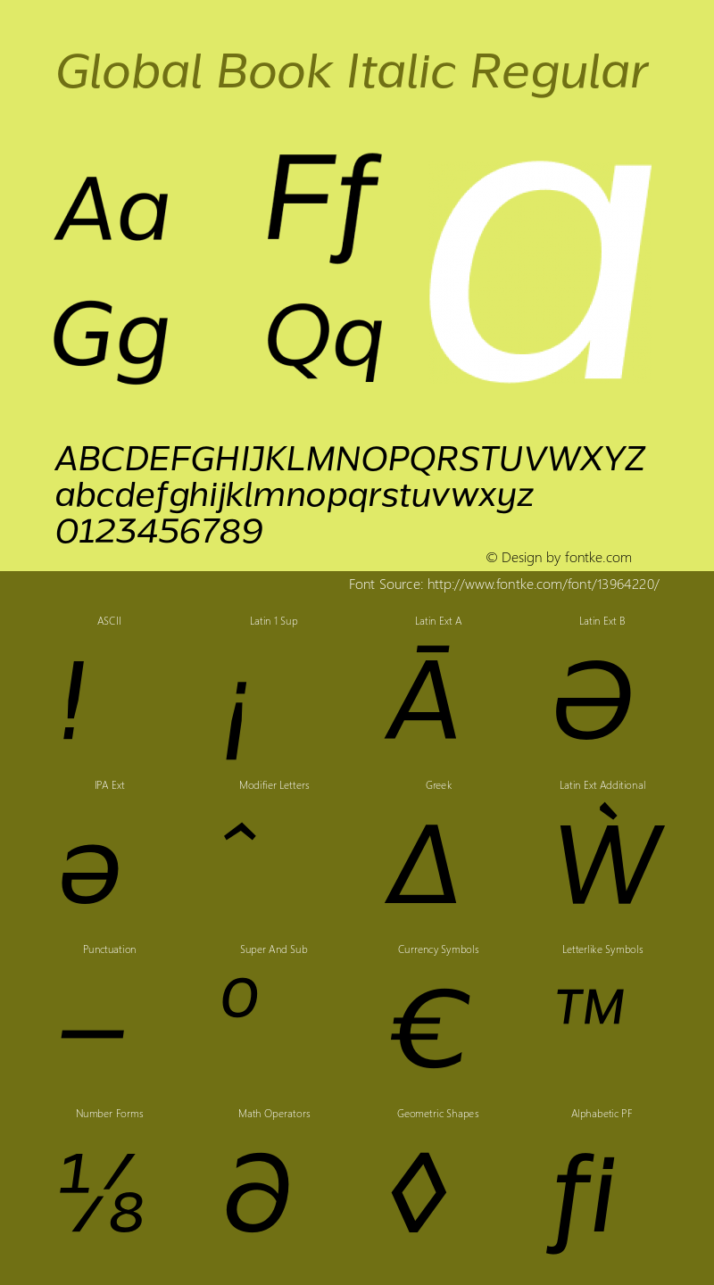 Global Book Italic Regular Version 1.002;PS 001.002;hotconv 1.0.70;makeotf.lib2.5.58329 Font Sample