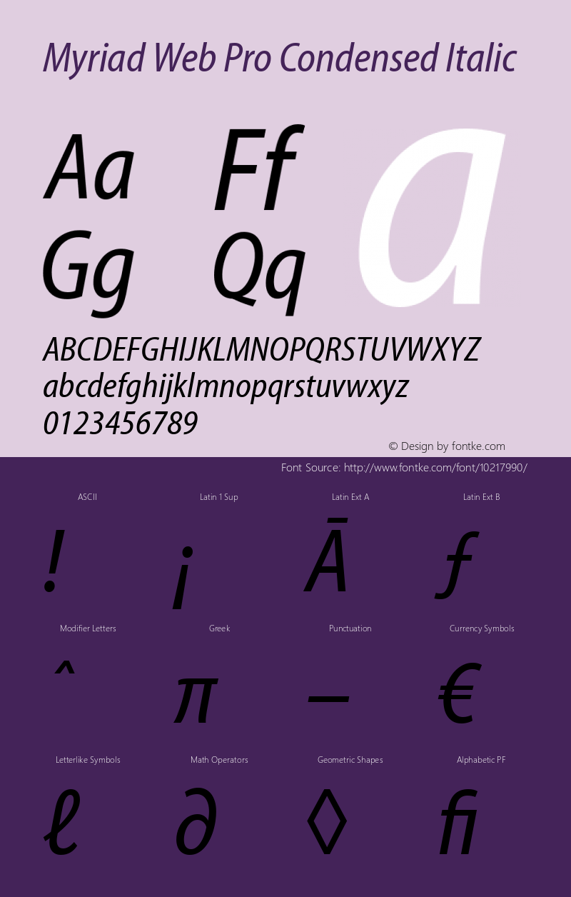 Myriad Web Pro Condensed Italic Version 1.009 Font Sample