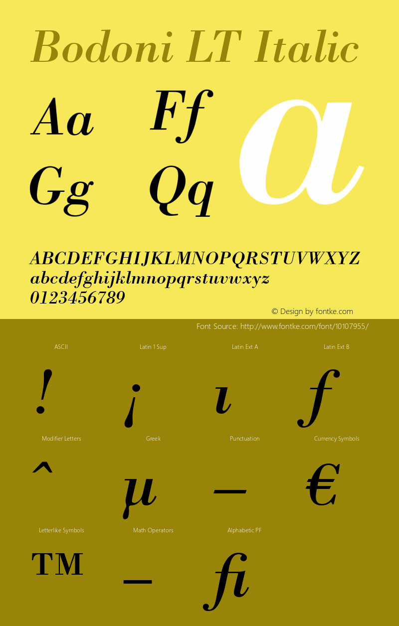 Bodoni LT Italic Version 6.1; 2002 Font Sample