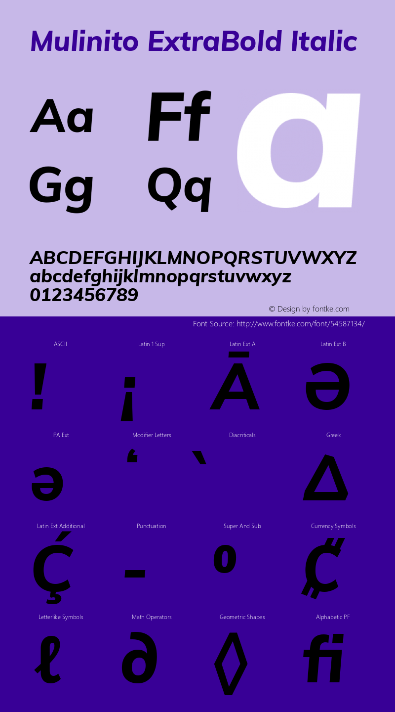 Mulinito ExtraBold Italic Version 2.00;January 30, 2020;FontCreator 12.0.0.2550 64-bit; ttfautohint (v1.8.3) Font Sample