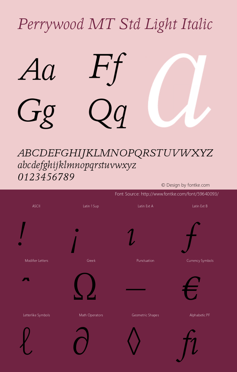 PerrywoodMTStd-LightItalic Version 1.000;PS 001.000;hotconv 1.0.38 Font Sample