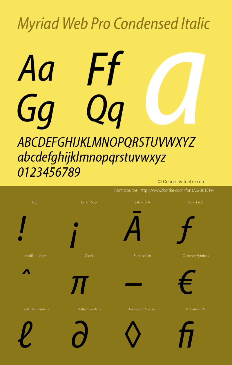 MyriadWebPro-CondensedItalic Version 1.009 Font Sample