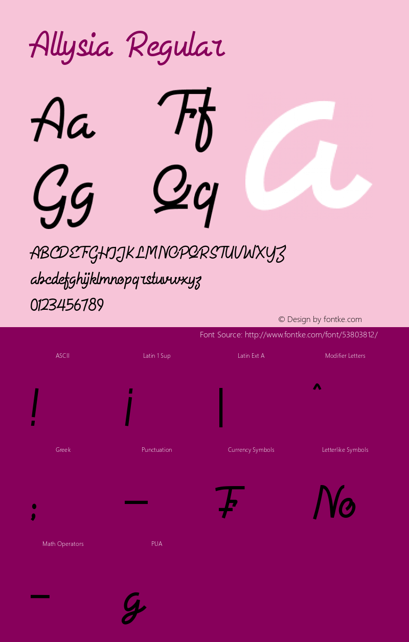 Allysia Version 1.00;January 19, 2020;FontCreator 11.5.0.2427 64-bit Font Sample