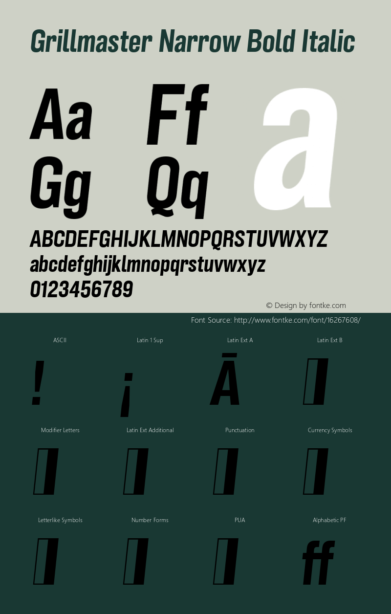Grillmaster Narrow Bold Italic Version 1.000 Font Sample