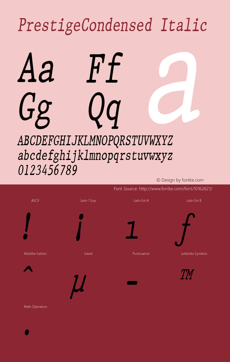 PrestigeCondensed Italic Rev. 003.000 Font Sample