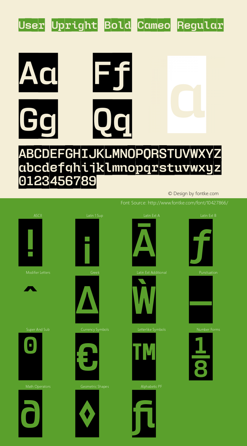 User Upright Bold Cameo Regular Version 1.001;PS 001.001;hotconv 1.0.56;makeotf.lib2.0.21325 Font Sample