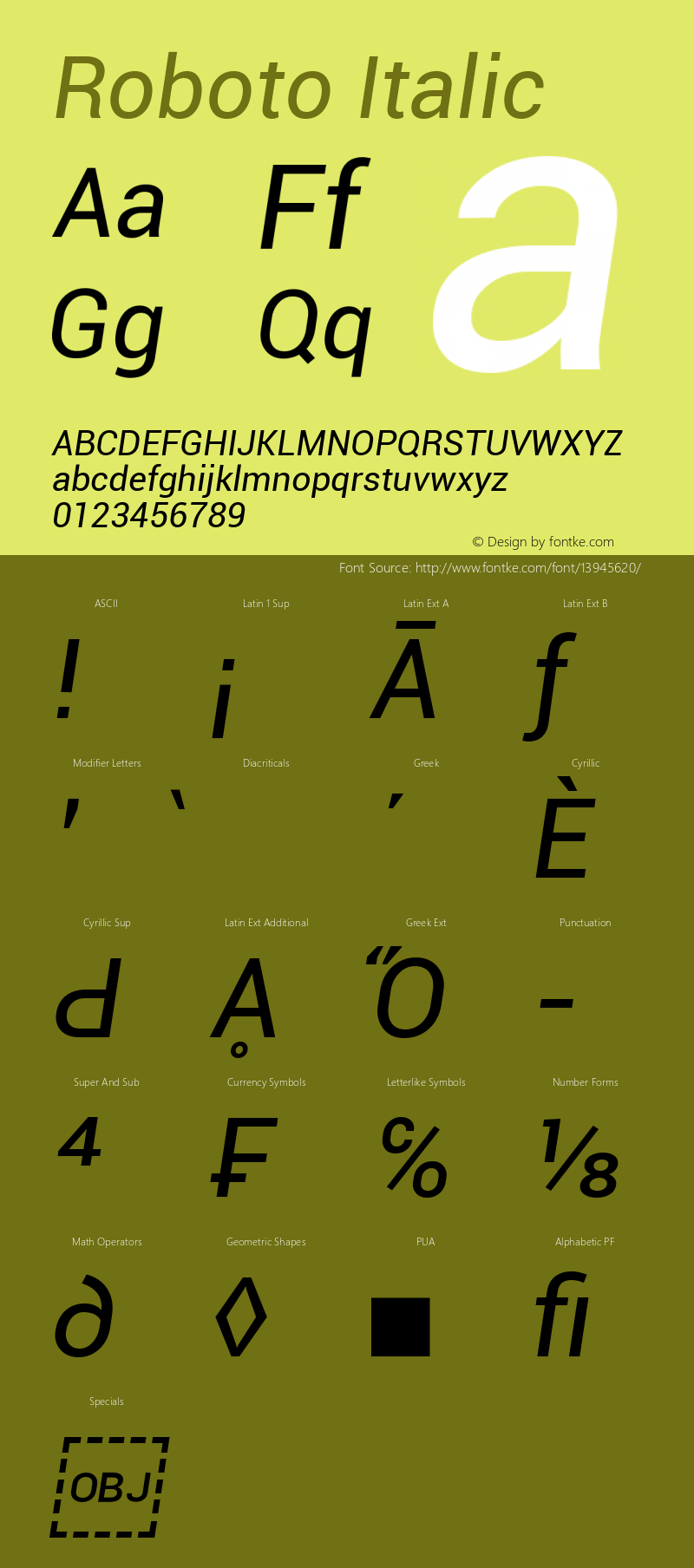 Roboto Italic Version 1.00000; 2011 Font Sample